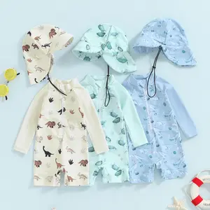 Toddler Baby Boy  Swimsuit Turtle Dinosaur Whale Print Long Sleeve Zip Up Bathing Suit with Sun Cap Infant Rash Guard Swimwear