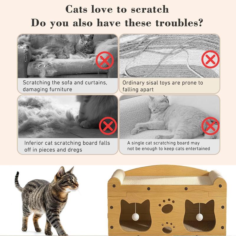 Durable Multi-Functional Cat House Box with Scratching Bed, 3-In-1 Play House With Hideout Caves and Hanging Ball Toys for Cat/Kitty