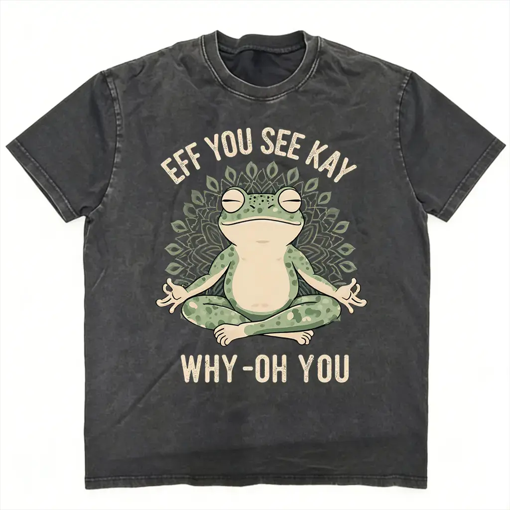 Funny Cartoon Meditation Frog Graphic Tee - Retro Cream Text, Green Mandala, Loose-Fitting Oversized Unisex Sports Top for Men, Women | Cold Wash, Do Not Bleach, Crisp Detailed Patterns