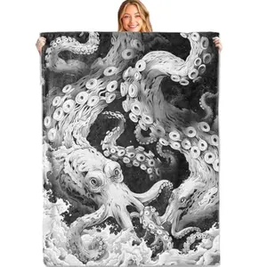 Octopus Kraken Throw Blanket, 50x60in, Soft, Lightweight Flannel,Gothic Bold Black and White Tentacle Art with Ocean Waves Blankets, Nautical Sea Monster Gifts, for Home Living Room Decor