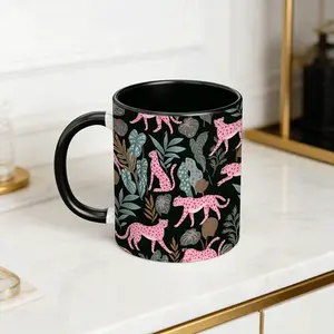 11oz Leopard Mug, Base with Leopard & Plant Print, Comfortable Grip, Heat Resistant, Easy to Clean, Ideal for Coffee Milk
