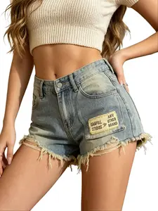 Cargo Denim Shorts - Vintage Washed Baggy Jean Shorts, Multi-Pocket Frayed Raw Edge Loose Fit Streetwear Shorts, Curvy Friendly Non-See-Through Summer Casual Shorts for Women
