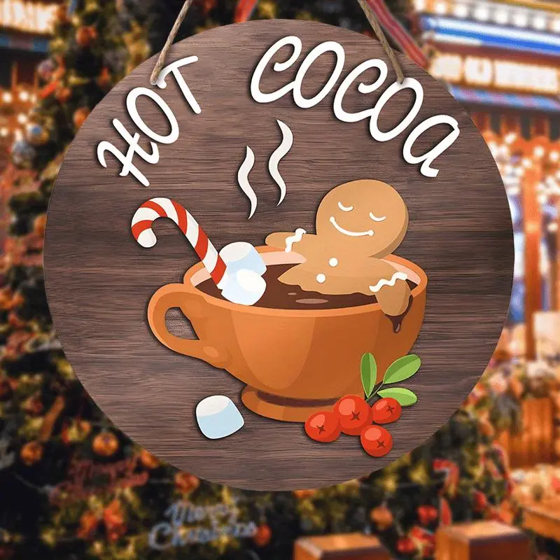 Gingerbread Man & Hot Cocoa Pattern Hanging Sign, 1 Count Creative Round Hanging Sign, Christmas Wall Hanging Decor for Home Living Room Bedroom Cafes