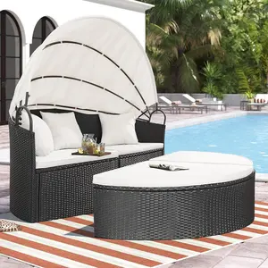 Homall Patio Outdoor Daybed with Retractable Canopy, Rattan Wicker Sectional Seating with Washable Cushions for Patio Backyard Porch Round Daybed Separated Seating (Beige)