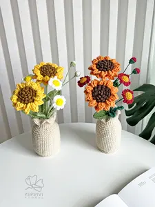 Crochet Flower Pot: sunflower daisy in vase. Orange or Yellow. Everlasting Home Decor Gift