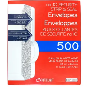Top Flight PSTF10NWT #10 Envelopes, Strip & Seal, Security Tinted, White Paper, 24 lb, 500 Count