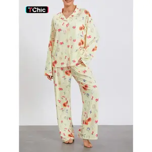 Women's Long Sleeve Printed Pajama Set, Collared Sleepwear with Pants, Comfortable Home Loungewear, 2 Piece Set, Pajama Top, Pajamas Pants
