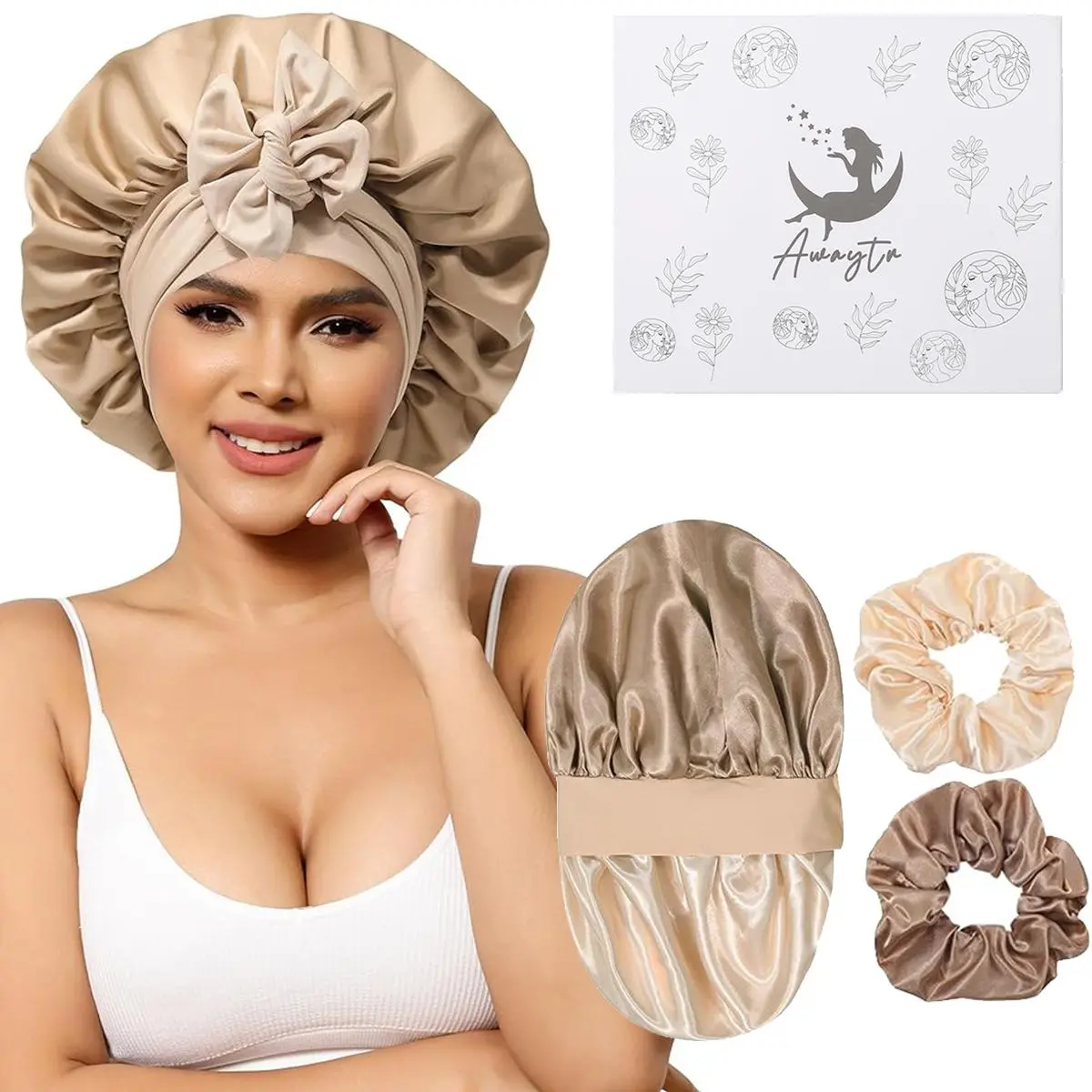Brown-Champagne Bonnet + 2Pcs Scrunchies	
