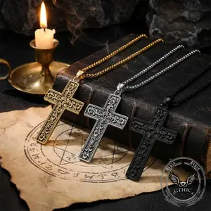 GTHIC Vintage Vine Cross Stainless Steel Pendant Classic Religious Style Necklace for Casual Outfits or Birthday Gifts