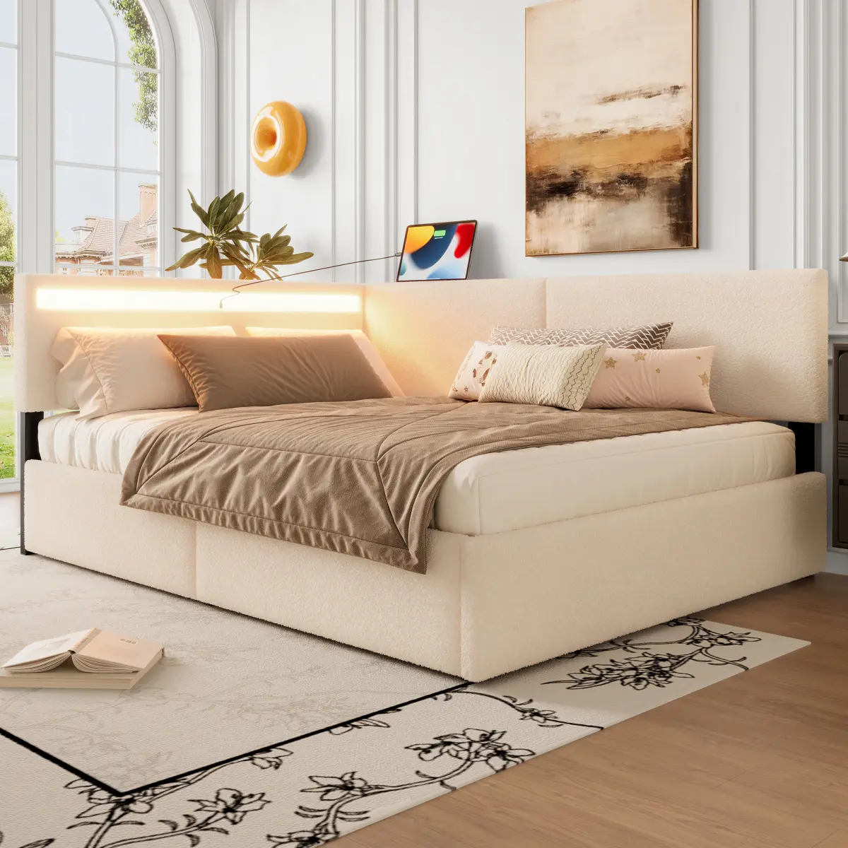 Full Size Corner Bed Frame with Storage Drawers, L-Shaped Upholstered Corner Bed with USB Port & LED Lights, Cloud Daybed Frame for Bedroom, Wooden Slats, No Box Spring Needed, Beige