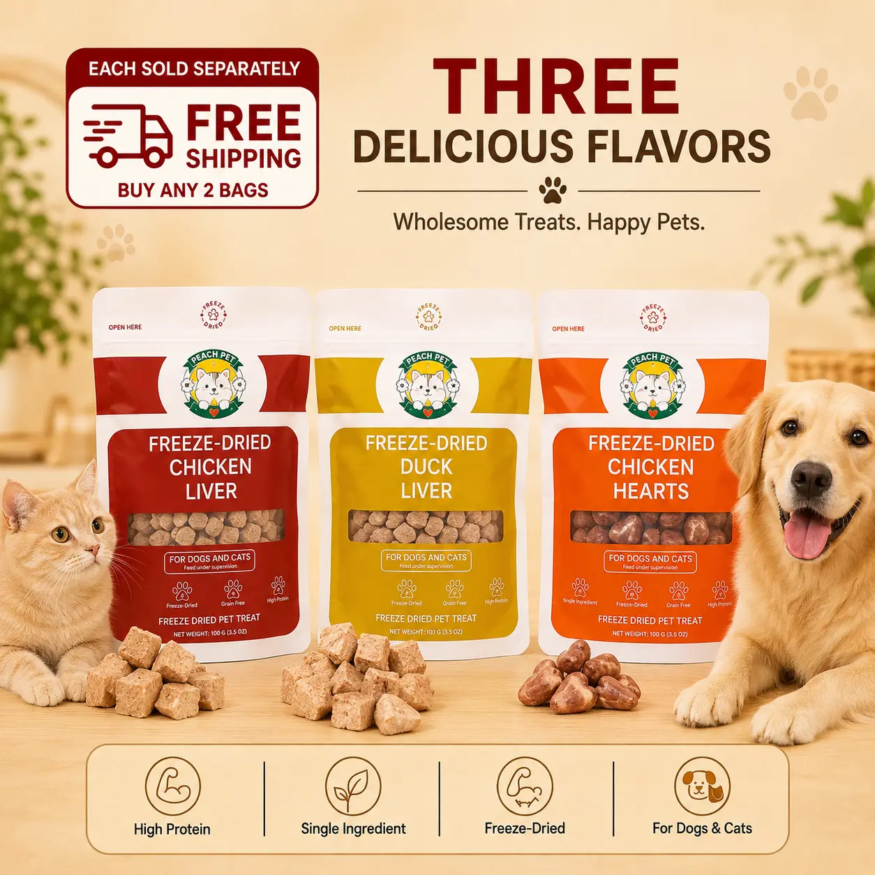 Peach Pet Freeze-Dried Treats for Dogs & Cats | Chicken Hearts, Chicken Liver & Duck Liver | 3.5 oz Each backtoschool