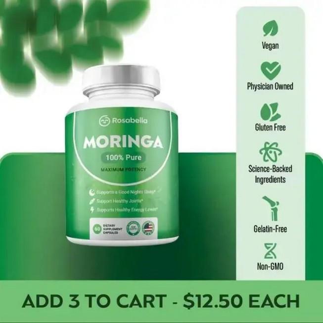 Rosabella Moringa Powder Capsules 800mg - Immune Support, Gut Health & Focus Enhancement - Reduce Inflammation, Boost Memory & Daily Wellness