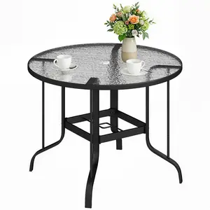 38" Round Patio Table with Umbrella Hole – Tempered Glass Outdoor Dining Table, 5mm Tempered Glass Top, Plastic-Coated Rust-Resistant Frame, Seats 4, 110 lbs Capacity, Black