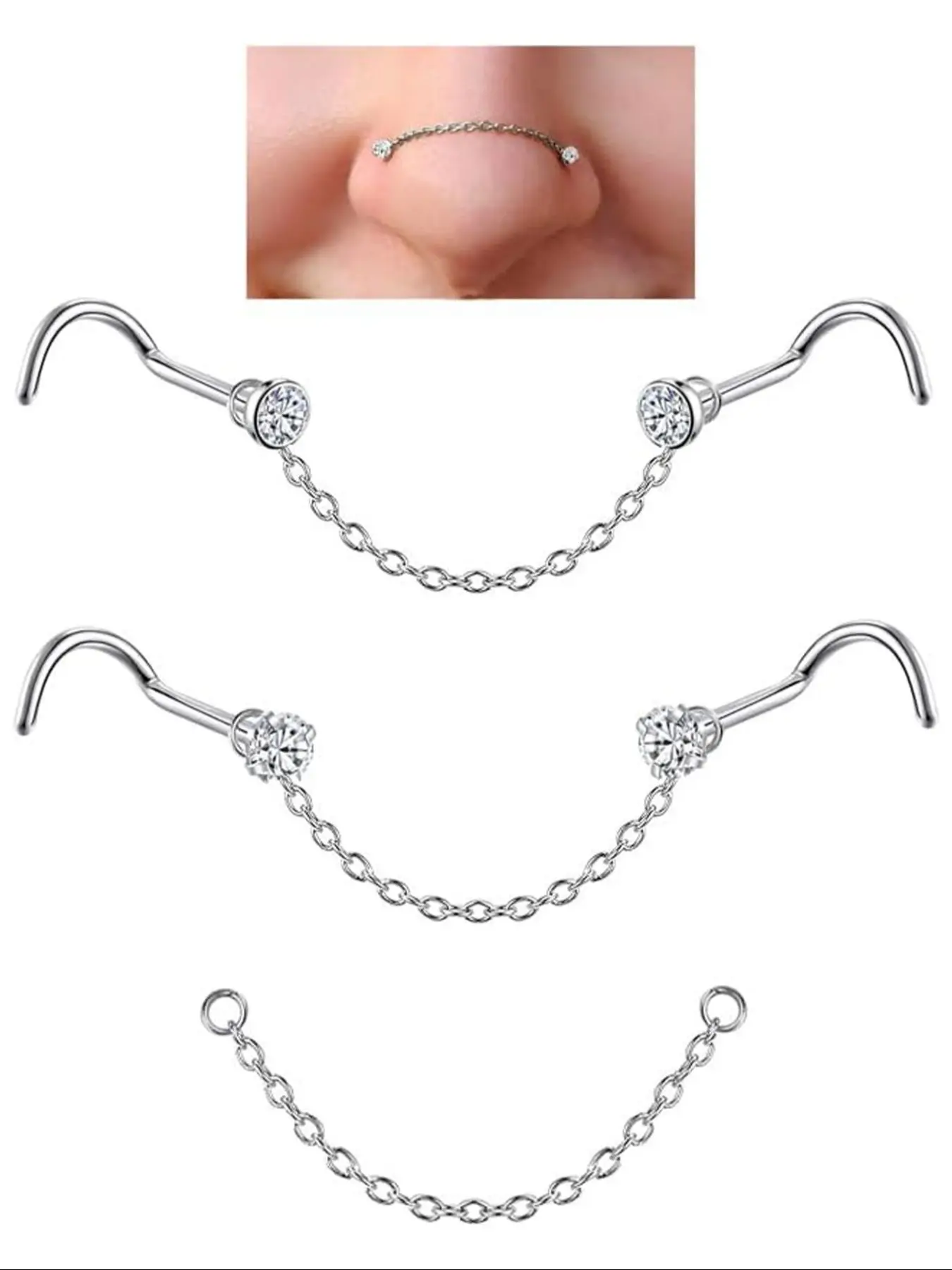 Stainless Steel Cz Nose Chain Piercing, S Bone-Shaped Nose Ring Chains for Women, Cz Nose Studs with Chains, Nostril Piercing Jewelry