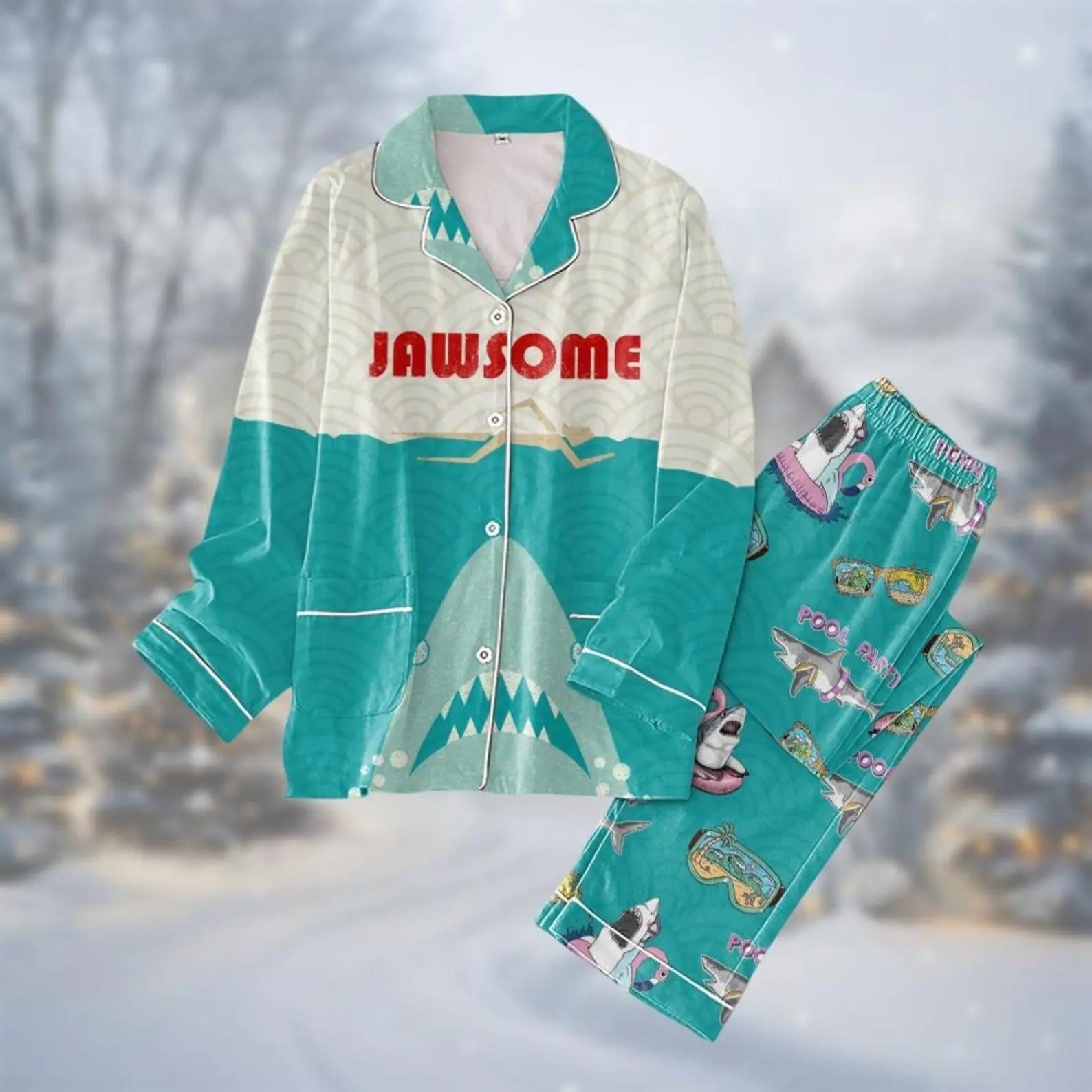 Shark Christmas Pajamas Set, Shark Movie Holiday Pajamas, Black Boat Pajamas Family, Vintage 70S Movie Pjs For Women, Gift For Fan