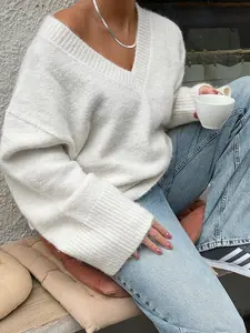 Women's V Neck Ribbed Sweater, Casual Minimalist Loose-Fit Long Sleeve Pullover, Plain Knitted Top for Fall & Winter, Versatile Daily Wear, Knitwear