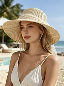 Elegant Pearl Mesh Straw Hat for Spring Summer, French Sun Protection Beach Fisherman Hat, Stylish Bucket Hat for Outdoor Activities
