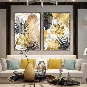2Set Black and Gold Plant Leaf Print Wall Art Décor,Black Gold Leaf and Fruit Wall Décor Art Canvas Print Poster, Leaf Inspirational Quotes Pictures Decorative Paintings Wall Murals,No Frame (black1) rimless