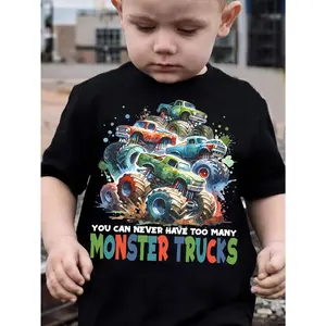 Kids Monster Truck Print T-Shirt - Summer Casual Crew Neck Top with Alphabet Applique, 100% Polyester Knit Fabric, Slight Stretch, Regular Fit for Boys
