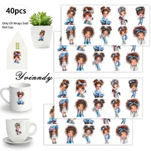 40Pcs/set Quirky Girl Iron On Stickers For Cup Be Waterproof UV DTF Printable Vinyl Paper Fun Designs Durable Construction Long-Lasting Adhesion Must-Have For Craft Enthusiasts Cups Mugs Sticker Sold Only Sticker Not Cup