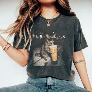 Funny Cat Drinking Iced Coffee T-Shirt, Cute Kitten Coffee Lover Shirt, Retro Cat Meme Graphic Tee, Vintage Pet Humor T-Shirt