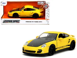 Porsche 911 Turbo (997) Yellow with Carbon Hood "Hyper-Spec" Series 1/64 Diecast Model Car by Jada