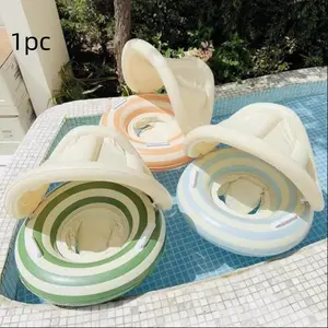 Colorful Inflatable Swimming Ring with Sunshade Canopy, Safe Handles for Kids, Perfect Pool, Beach and Outdoor Toy for Entertainment