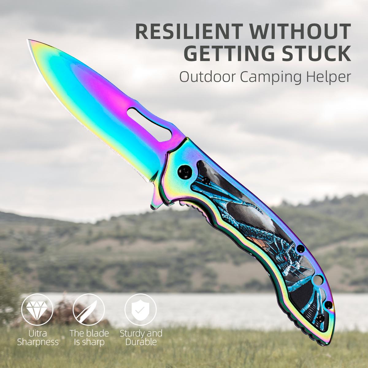 Tactical Iridescent Folding Pocket Knife, Essential Outdoor Survival EDC Tool