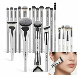 MAANGE Makeup Brush Sets Bundle, Silver 17pcs Face Brushes with Microfiber Bristles + White Portable 4pcs(Foundation/Concealer/Highlighter/Nasal Shadow)Brushes for Women & Girls, Makeup Brushes Kits