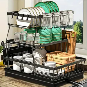 3 Tier Dish Racks for Kitchen Counter - Automatic Drainage Large Dish Drying Rack - Rust Proof Dish Drainers for Kitchen Counter,High end and high-quality Organiser Glossy Set Utensils