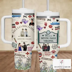 Mystic Falls Virginia Tumbler with Handle,  Stainless Tumbler Vampire Diaries Inspired Travel Cup, Hello Brother Damon Stefan Design