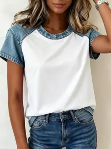 A women's fashionable and gentle casual denim patchwork contrasting round neck short sleeved shirt with loose and slimming design, suitable for summer, home, indoor, and outdoor wear