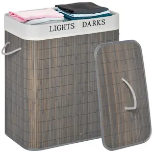HOMCOM Laundry Hamper with Lid, Bamboo Foldable Laundry Basket 2 Section with 2 Removable Bags, 2 x 13.2 Gallons (50L), Gray