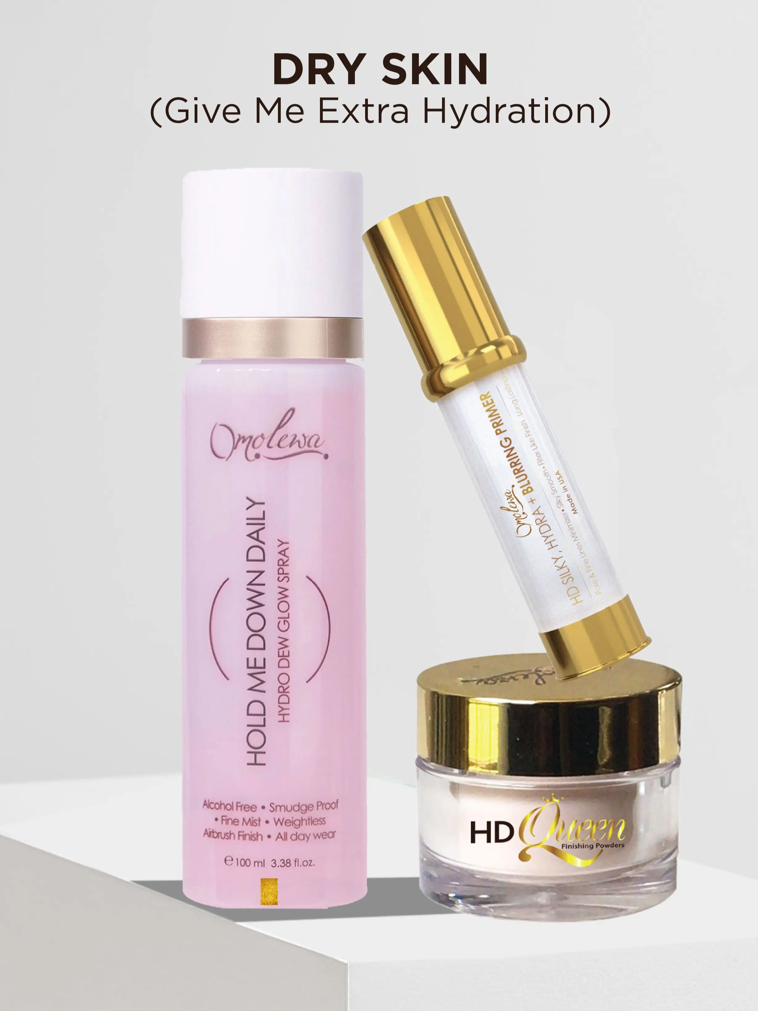 OMOLEWA 3-Piece Dry Skin Hydrating Cosmetic Kit - Rose Water Fine Mist, Weightless Smudge-Proof Waterproof Primer, Daily Care All-Day Wear Smooth Flawless Glow Makeup System