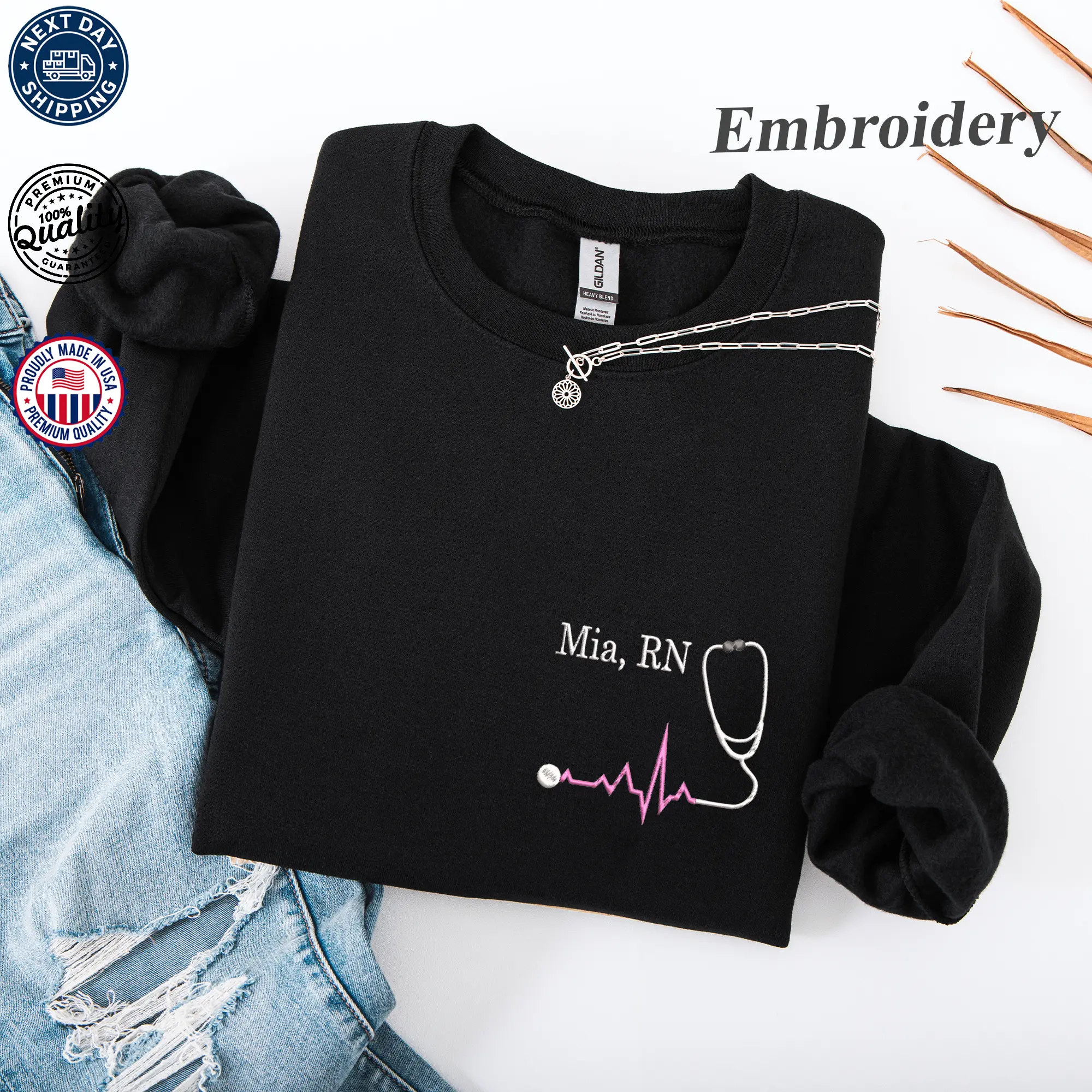 Embroidered Nurse Sweatshirt & Hoodie | Custom RN Pullover | Personalized Heartbeat Stethoscope Design | Monogram Name Top | Cozy Unisex Streetwear | Cute Nurse Gift | Healthcare Worker Appreciation