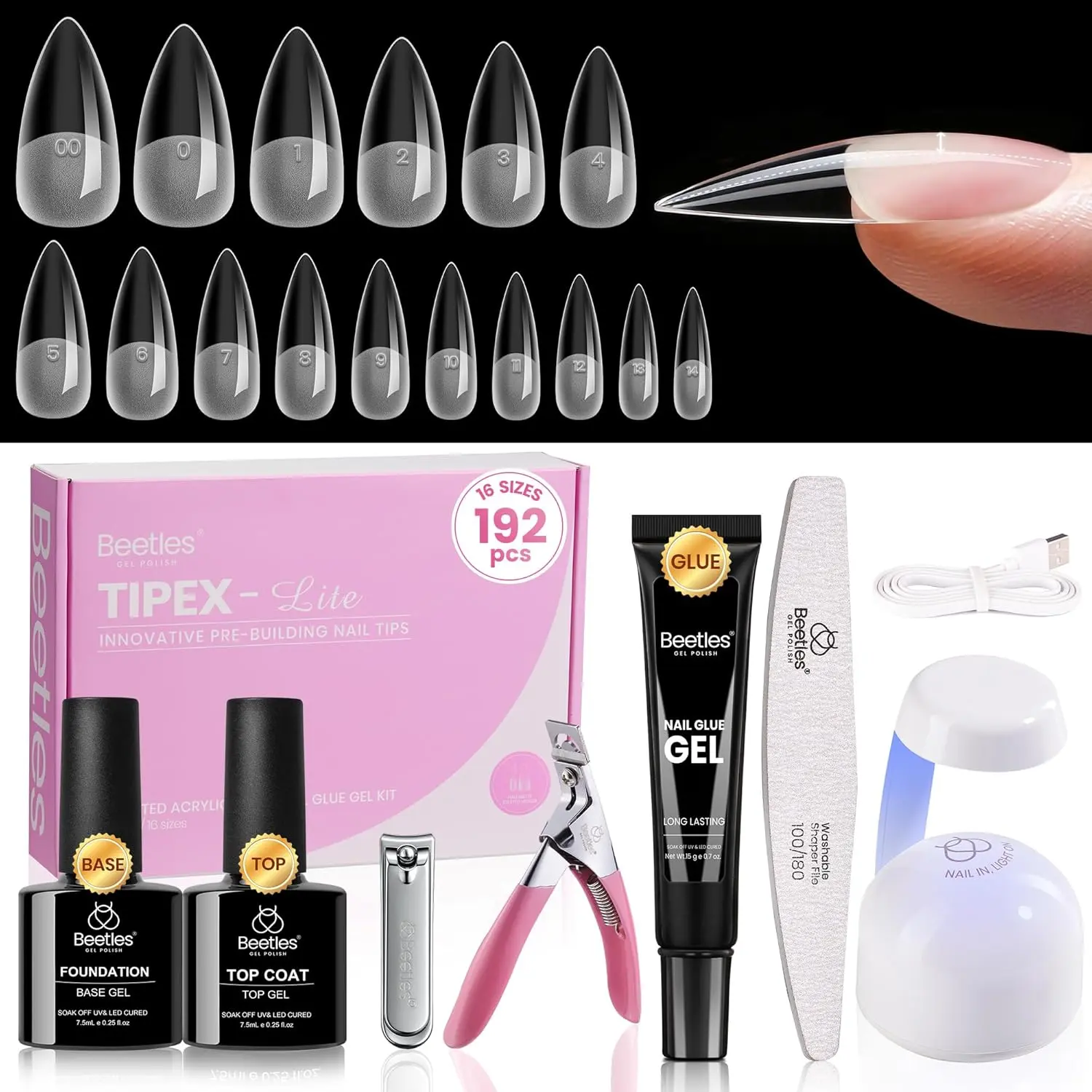 Beetles Tipex Lite Apex Nail Tips &Nail Tips Kit Stiletto Almond Square Coffin Nail Tips Pre-Building Pre-Etched Acrylic Nail Tips for Flat Nails & Natural Nail Beds Gift for Women Girls, Nail Extensions, Acrylic Nails