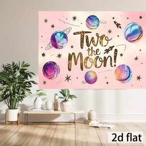 1pc Two the Moon! Birthday Party Banner - Vibrant Pink with Golden Glittery Text, Planets & Stars Design - Durable Polyester Backdrop for Classroom, Office, Photo Booths & Home Decor - Perfect for Second Bir