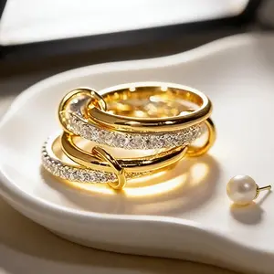 Women’s 18K Gold-Plated Stacked CZ Ring | Two-Tone Titanium Steel | Thick High-Gloss Statement Jewelry