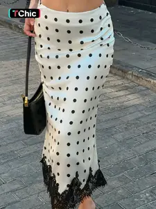 Polka Dot Skirt Midi Skirt Women High Waist Midi Skirt Bodycon Midi Skirt Lace Trim Fitted Skirt Vintage Style Skirt Slim Fit Pencil Skirt Stretchy Midi Skirt Elegant Summer Midi Skirt Black And White Skirt Womens Casual Skirt