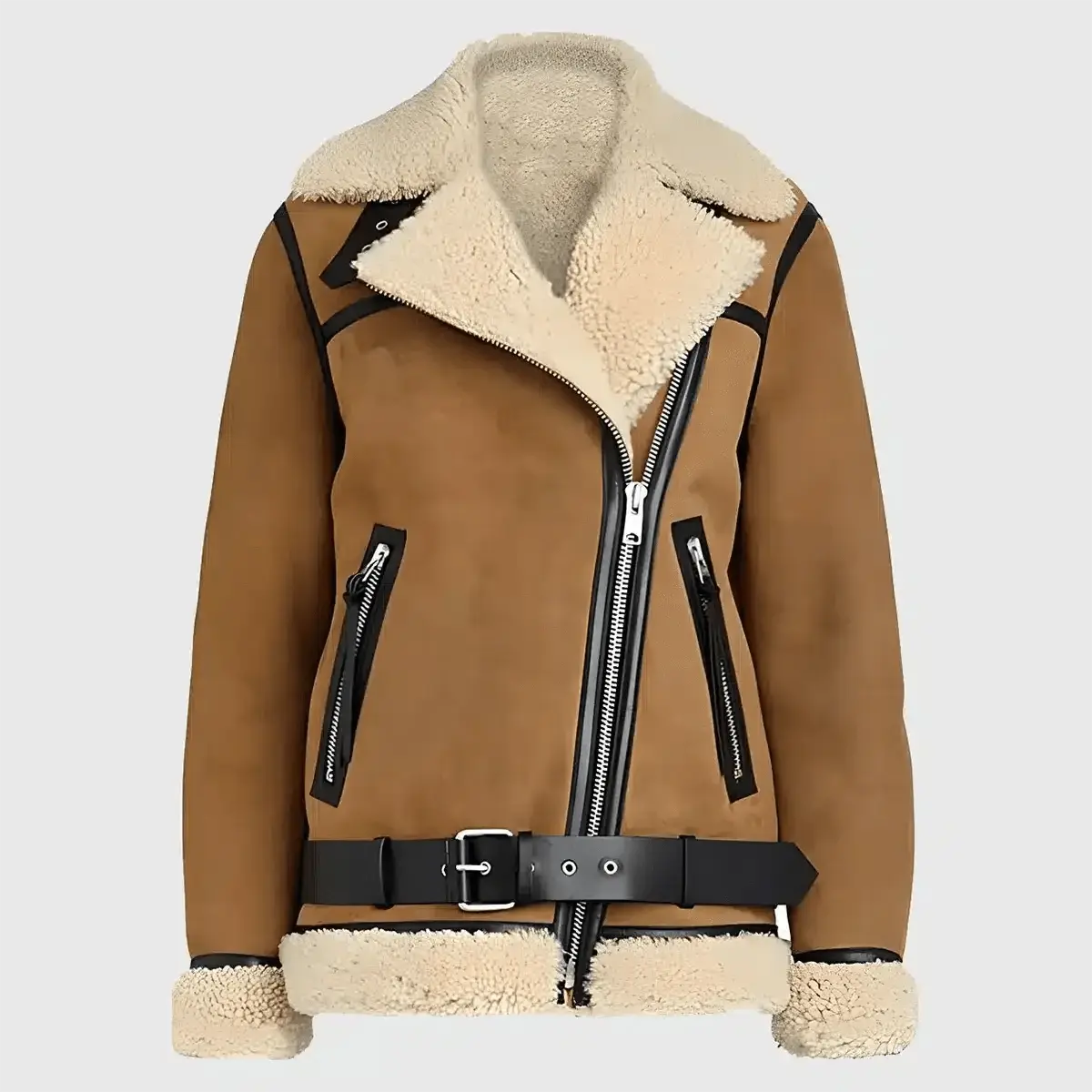Women's Brown Suede Leather Asymmetrical Zipper Shearling Jacket