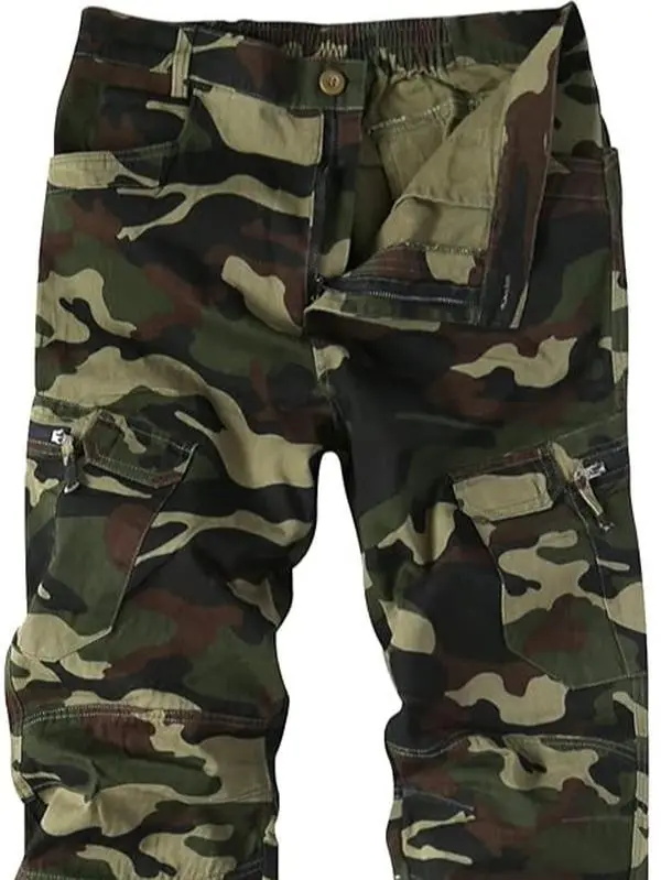 APTRO Men's Camouflage Cargo Trousers - Menswear, Elastic Waist, Loose Straight-Leg, Pure Cotton Fabric, Breathable, Ultra-Soft, Multi-Pockets, Zipper-Equipped, All Season, Ideal for Hiking, Back-to-School Fall Prep