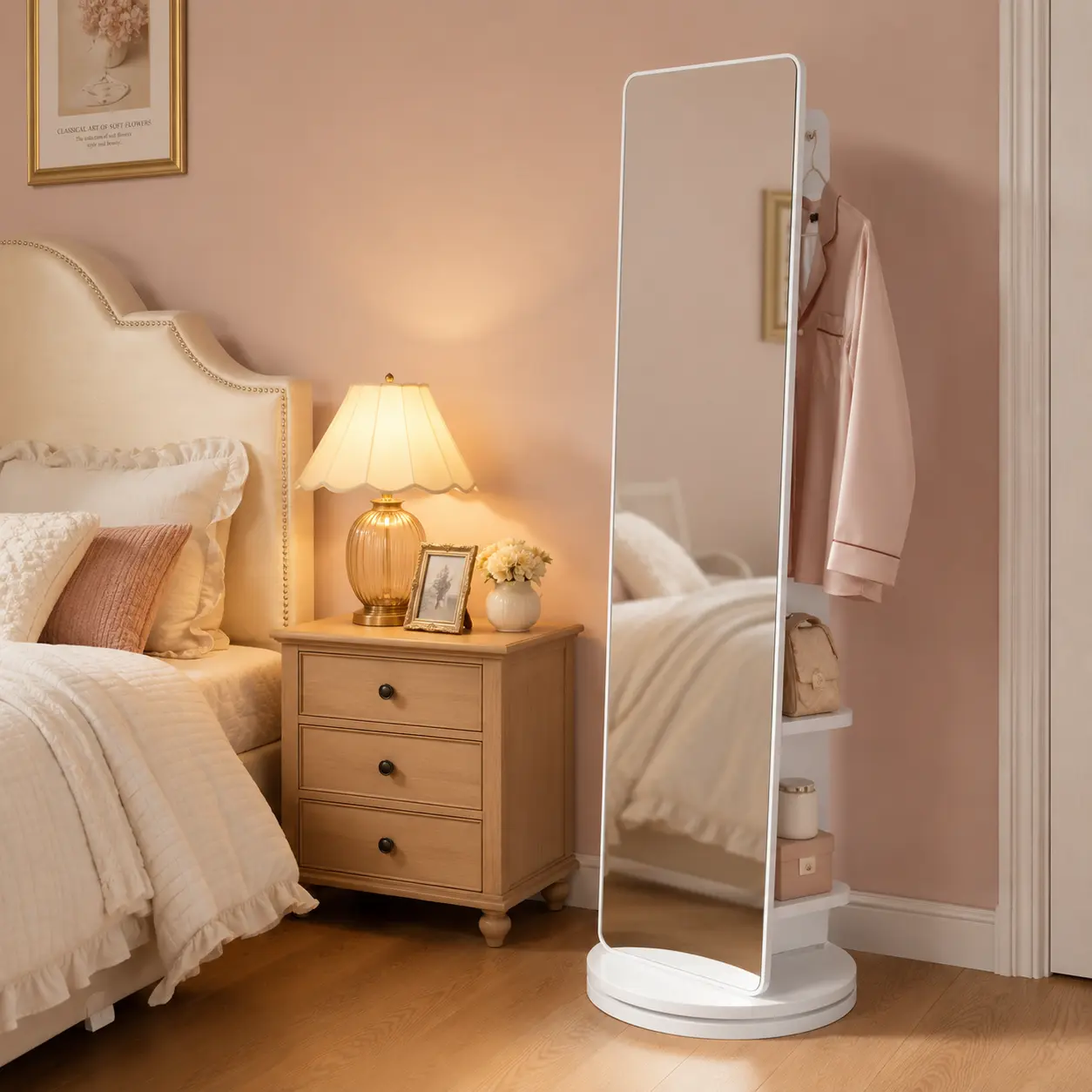 360° Rotating Full Length Mirror with Coat Rack | 69"x20" White Multifunctional Floor Mirror with Hooks & Storage Shelves | Solid Wood Standing Mirror for Bedroom, Living Room & Cloakroom, Space SavingHome Essentials