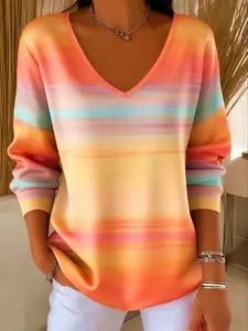 Plus Size Women's Gradient Ombre Print Long Sleeve Casual Fitted Sweater, Stylish Knitwear for Fall & Winter, Comfortable Fashion Pullover