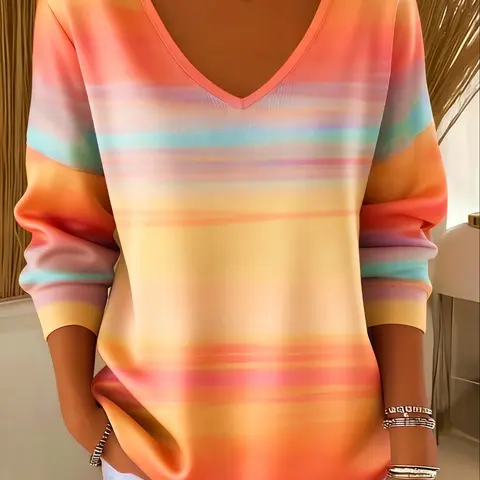 Plus Size Women's Gradient Ombre Print Long Sleeve Casual Fitted Sweater Tops, Autumn Pullover, Womenswear Stylish Statement Knitwear for Fall & Winter, Comfortable Fashion Piece
