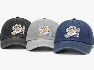 Gear 5 Sun God Nika Baseball Cap - Premium Washed Denim Cotton Dad Hat - Vintage Style Adjustable Anime Headwear - High Quality Print Gift for Anime Fans Streetwear Fashion
