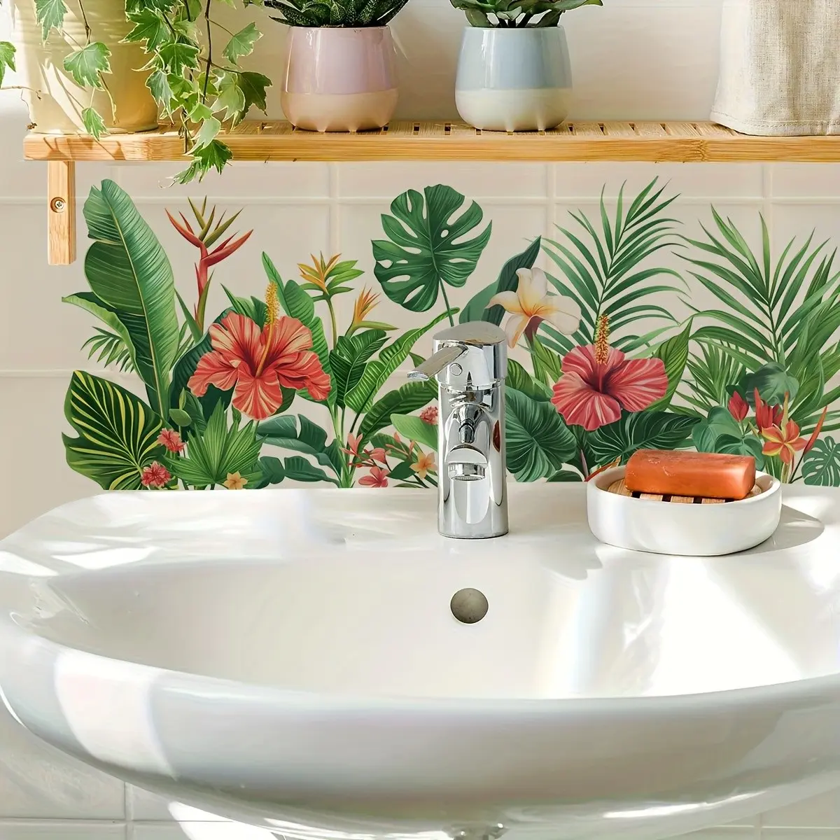 Tropical Floral & Leaf Bathroom Stickers, Lush Plant Tile Decals, Tiles Sticker, Floral Pattern Sticker, Decorative Wall Sticker, Self-Adhesive Removable Decor, Home Decor, Vibrant Wall Art for Bathrooms