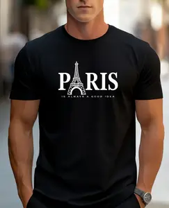 Men's Paris Eiffel Tower Graphic Tee - Casual Crew Neck, Short Sleeve T-Shirt with Stretch Fabric, Machine Washable - Summer Essential 100% cotton