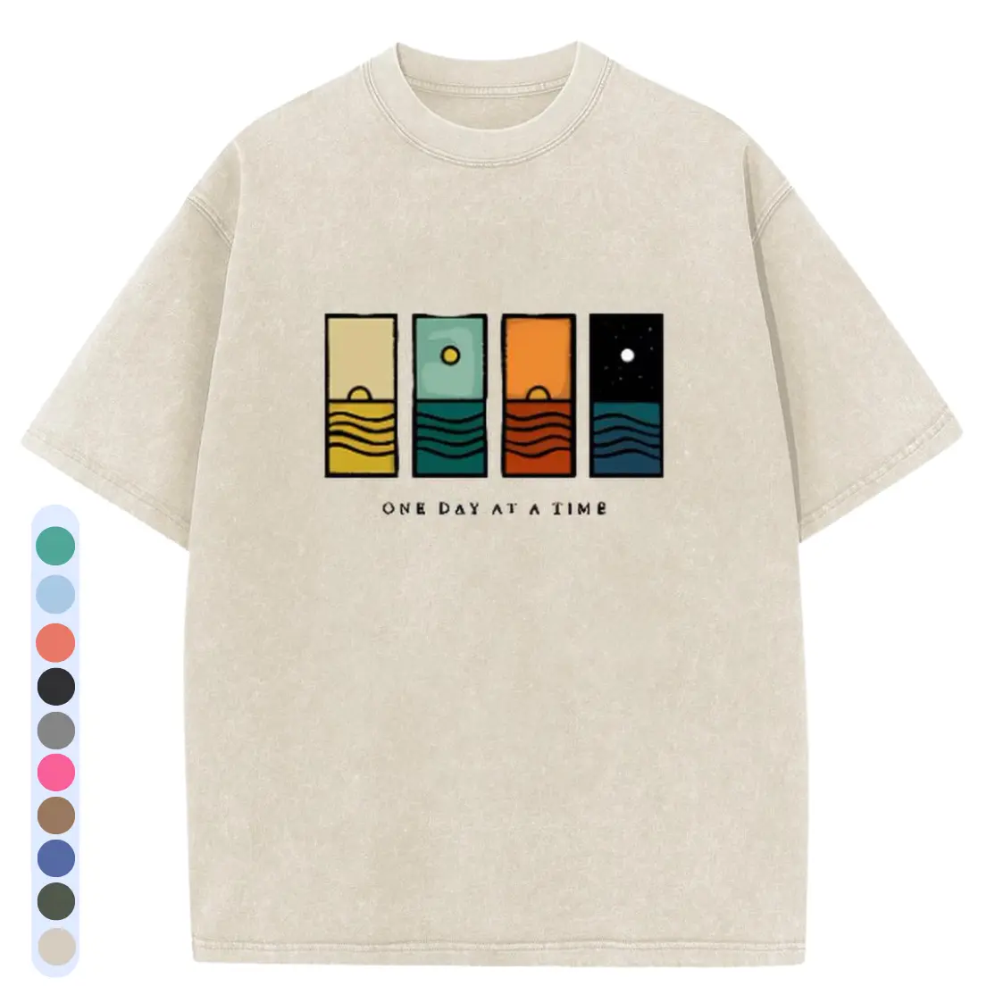 Holafish Oversize Acid Wash Vintage One Day At A Time Graphic T-Shirt, Minimal Retro Daily Casual Tee, Heavyweight Cotton Streetwear Unisex Crewneck Tshirt
