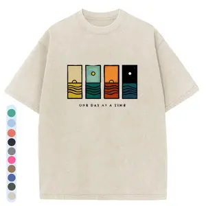 Holafish Oversize Acid Wash Vintage One Day At A Time Graphic T-Shirt, Minimal Retro Daily Casual Tee, Heavyweight Cotton Streetwear Unisex Crewneck Tshirt