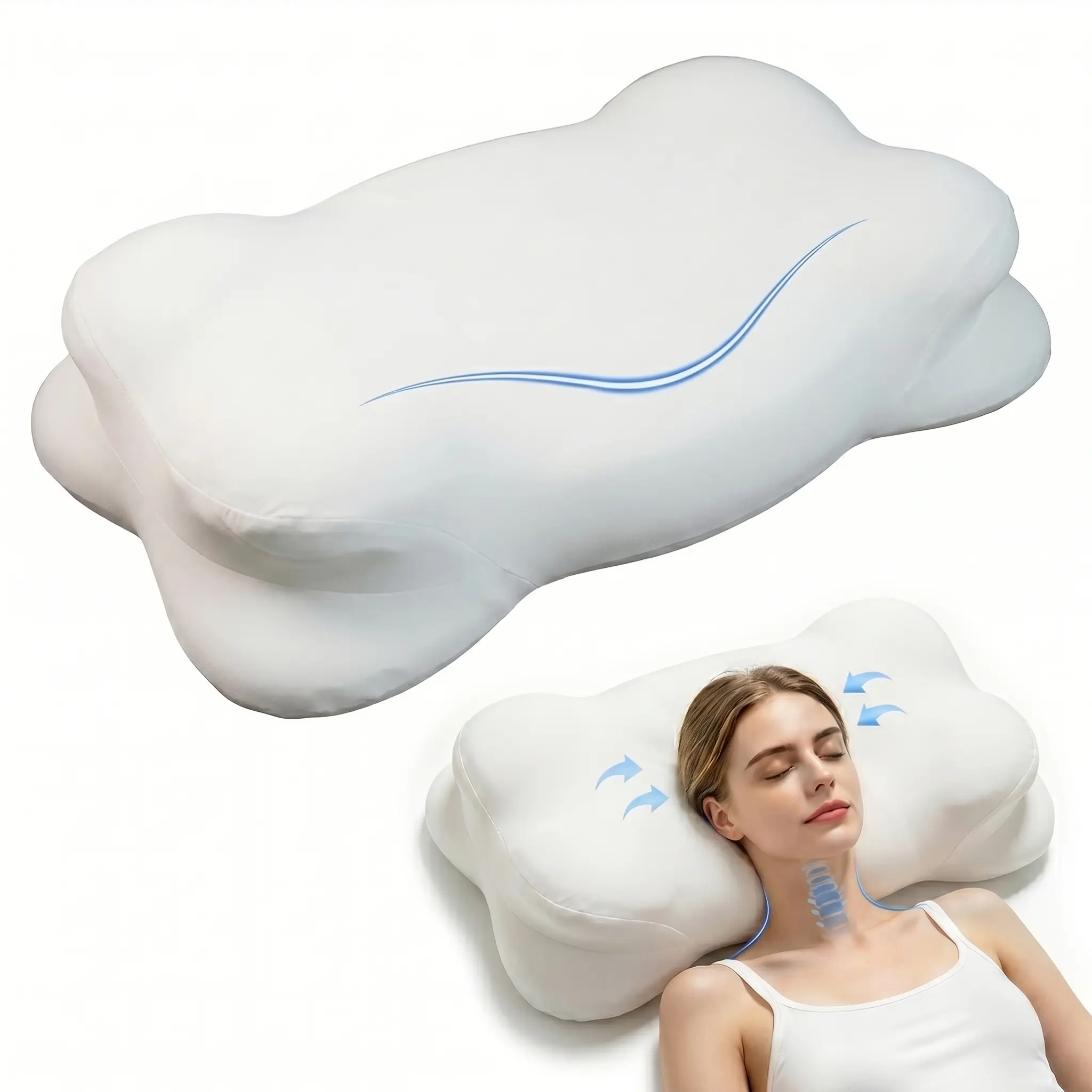Cloud Texture Contour Memory Foam Pillow, Dual Height Adjustable Ergonomic Support Bed Pillow, Suitable for Side Back and Stomach Sleepers, With Removable Breathable Washable Pillow Cover, White